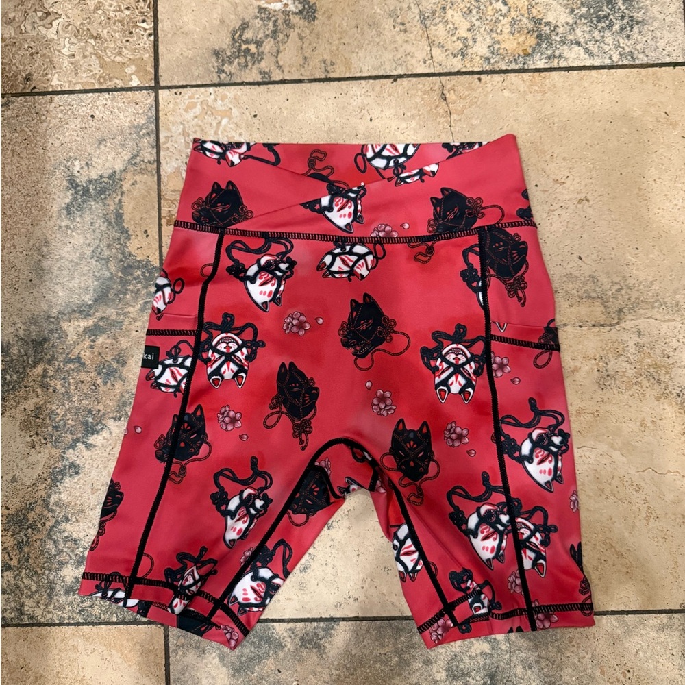 Iron Yokai Sz S Red Kitsune Mask Shibari Long Biker Shorts. Rare print